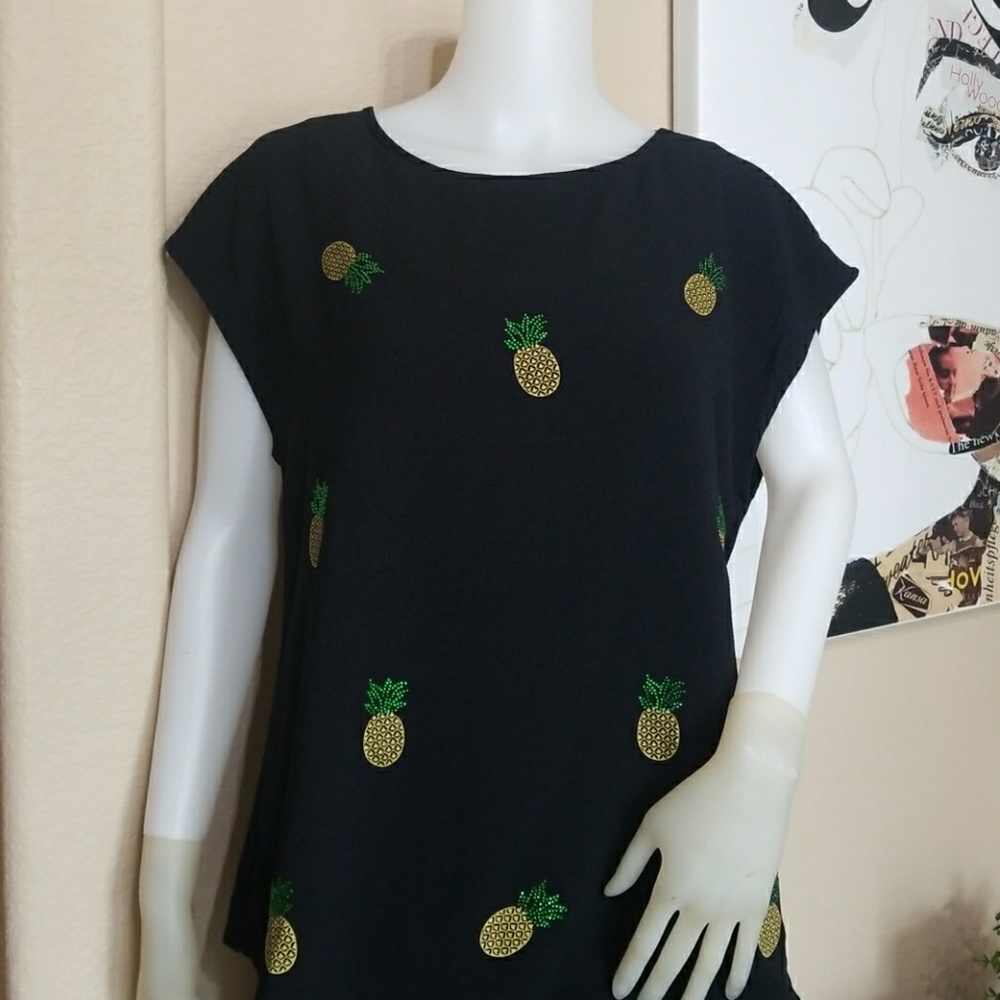 Andrew Marc Black Top with Pineapple Accents